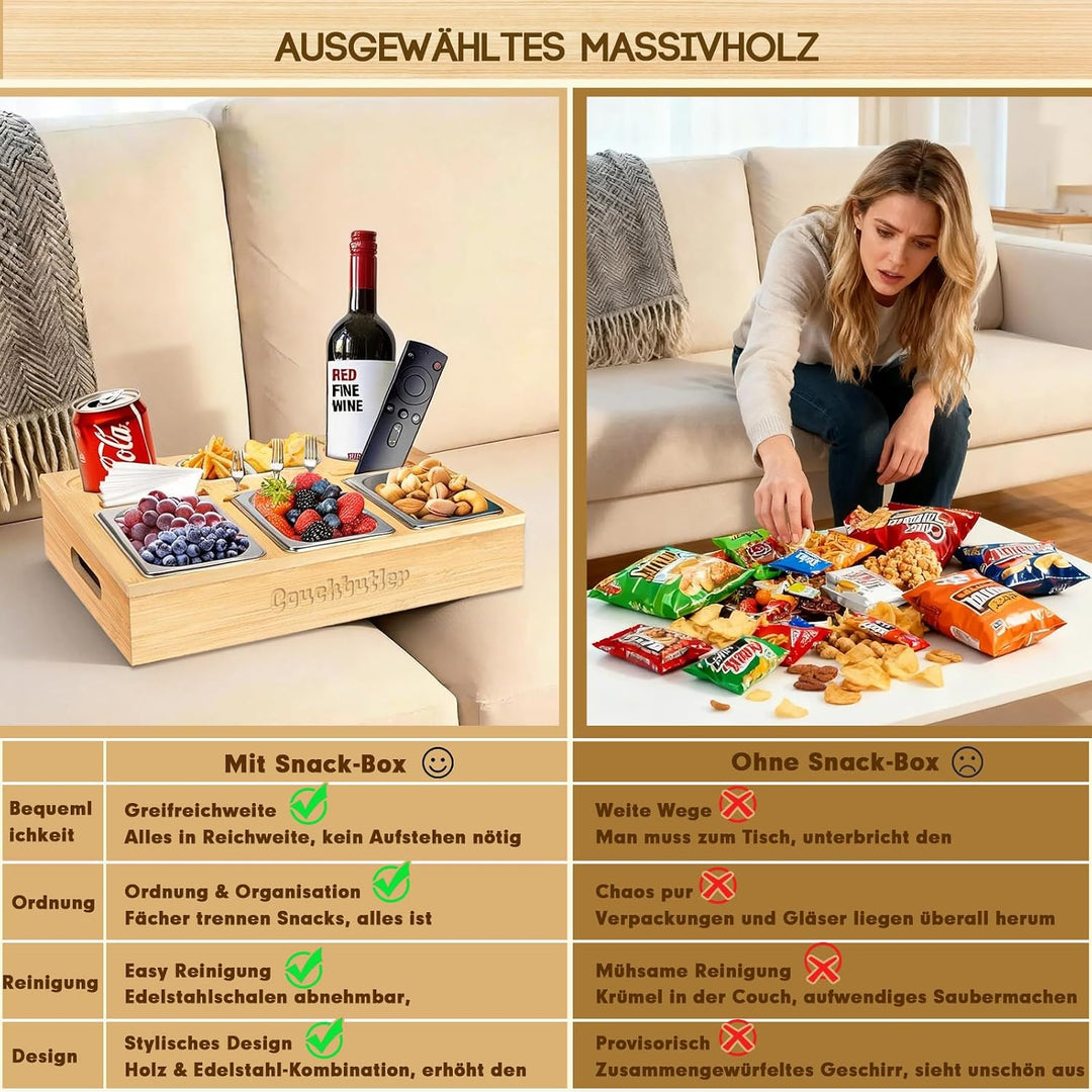 Couchbar Snackbox, Couch Bar Snackbar mit Geschenkbox, Sofa Tablett mit 3 Snackschalen, Sofatablett