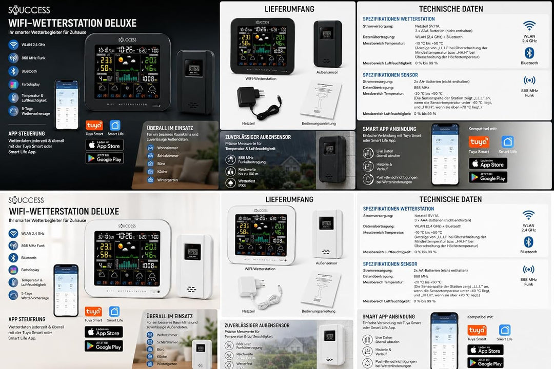 SOUCCESS Smarte Wetterstation Deluxe mit Aussensensor – WiFi Funkwetterstation mit Tuya Smart Life A