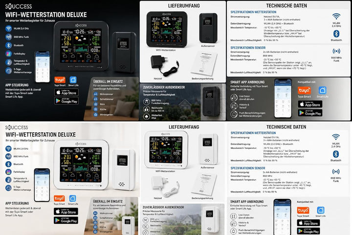 SOUCCESS Smarte Wetterstation Deluxe mit Aussensensor – WiFi Funkwetterstation mit Tuya Smart Life A