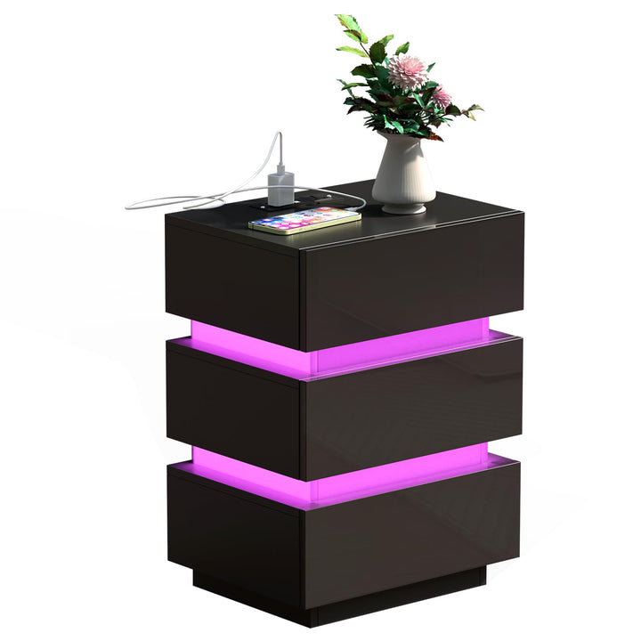 PIPIPOXER Nachttisch LED mit Steckdose & USB, Nachtschrank Schwarz Hochglanz Nachtkommode 3 Schublad