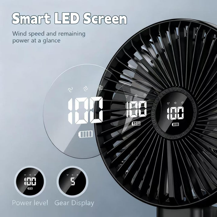 VanSmaGo Handventilator Akku Aufladbar, 5 Stufen USB Fan (Full Black) | Tisch/Hand/Reise, 8,5 Std. A