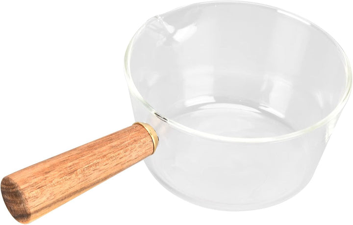 Milchtopf aus Glas mit V-Ausguss und Holzgriff, 400ml, Hitzebeständig, für Milch, Sossen, Nudeln, 40