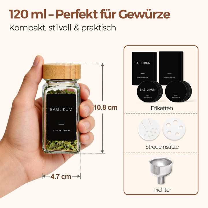 ComSaf Gewürzgläser Set 12 Stück 120 ml (4,7 × 4,7 × 10,8 cm), platzsparende Aufbewahrung für schnel