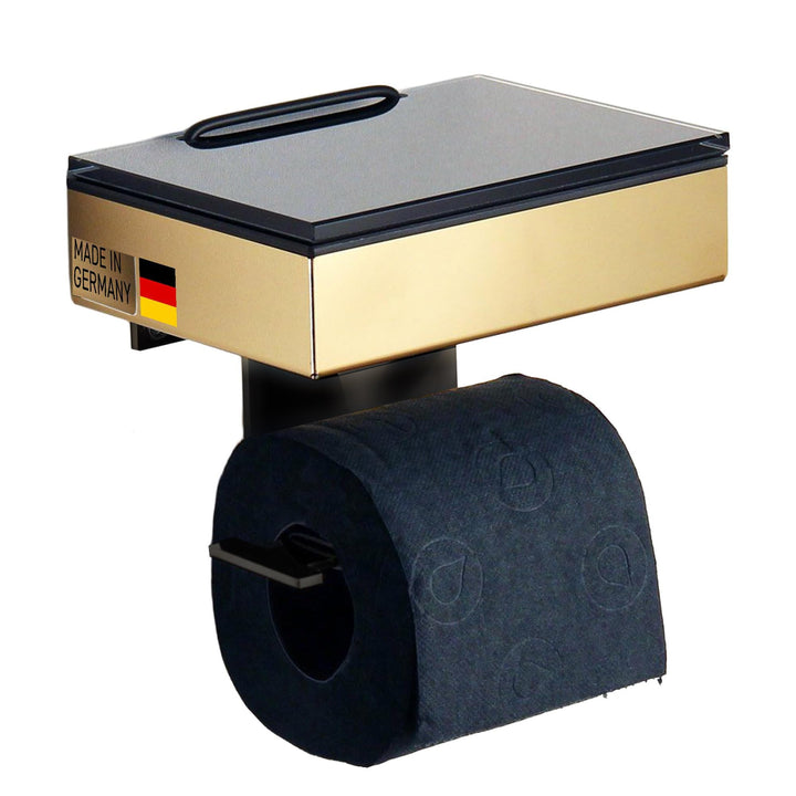 Toilettenpapierhalter mit Feuchttücherbox - Gehäuse Gold Optik & Abdeckung Glas Schwarz- befüllbar v