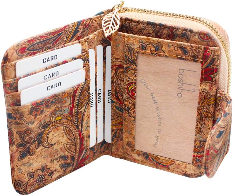 Vegane Kork Geldbörse Damen, Boshiho Damen Geldbörse Klein Reissverschluss Design mit Kartenhalter M