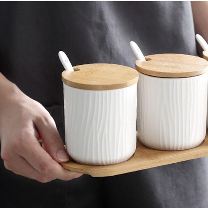 Keramik Gewürzdosen 2er Set, Zuckerdose mit Löffel und Bambus Deckel, 300ml/10.2 oz Gewürzgläser für