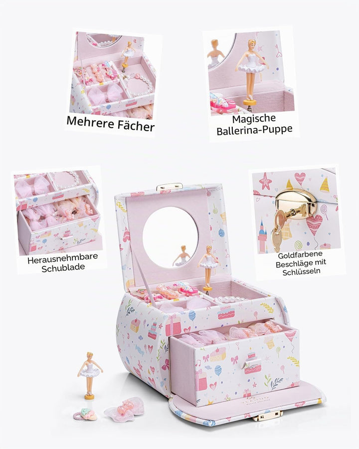 VLANDO Spieluhr Schmuckkästchen Mädchen mit Schubladen, Geburtstagsgeschenk Mädchen Geschenke 6 7 8