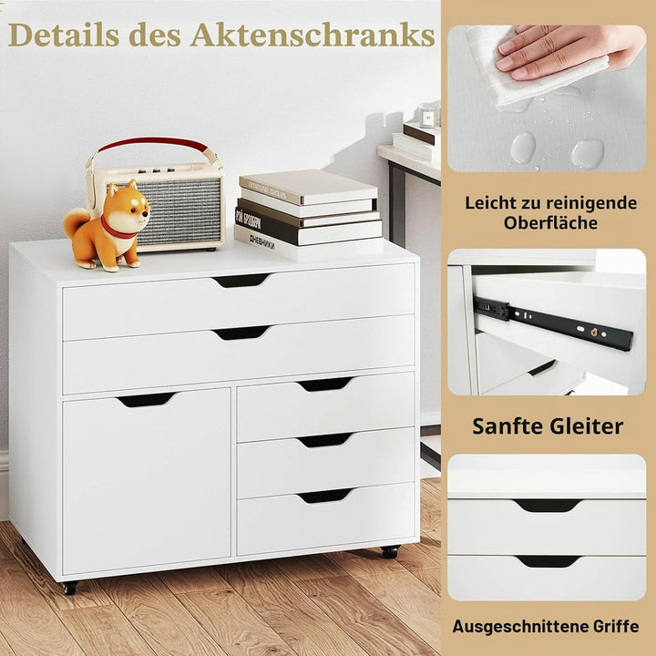 KOMFOTTEU Aktenschrank mit Rollen, Bürocontainer mit 5 Schubladen &amp; 1 Schrank, Rollcontainer Schubla