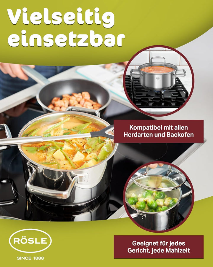 RÖSLE Moments Topfset Induktion 5-tlg. – Edelstahl Kochtopfset mit Aluminiumkern, 3 Töpfe, 1 Kassero