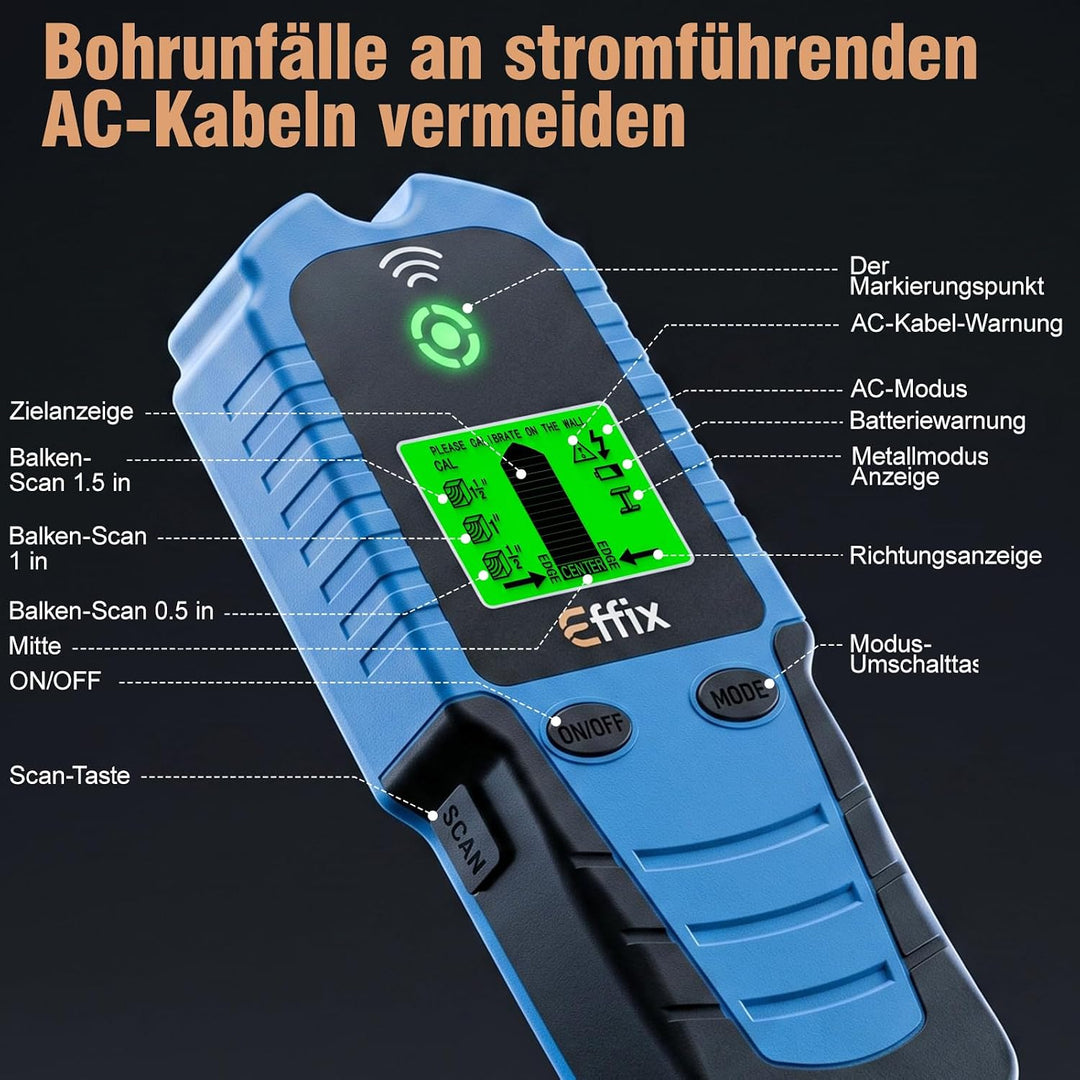 Effix Leitungssuchgerät Wandscanner - Multifunktionaler Wanddetektor Bolzenfinder mit Smartem Sensor