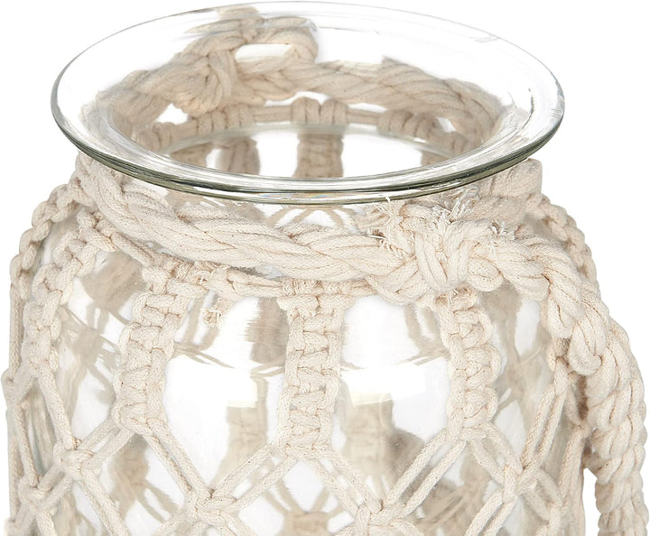 Laterne Glas weiss 28 cm mit Griff Makramee geflochten Tischdeko Boho Jalebi