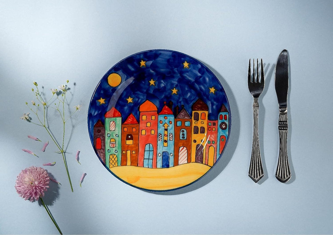Gall&Zick Speiseteller set/2 Teller bunt bemalt Deko Geschirr Handbemalt Village Design (20,5cm Früh
