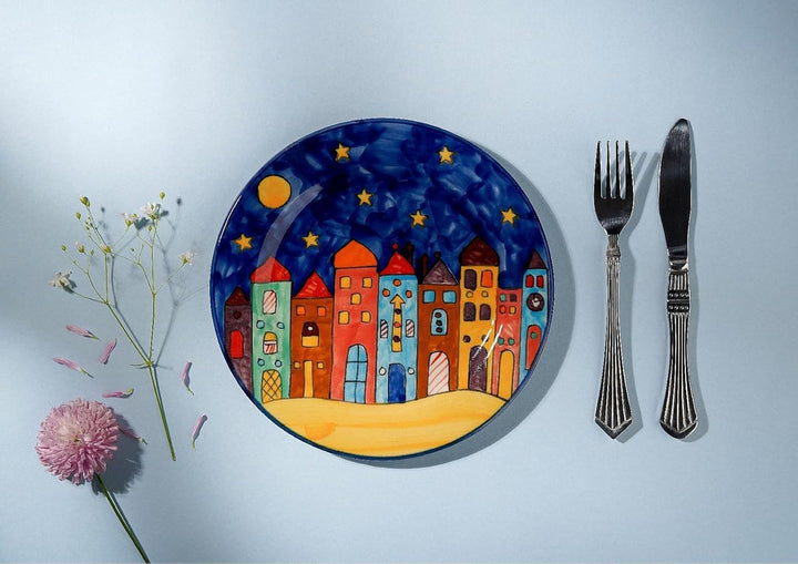 Gall&Zick Speiseteller set/2 Teller bunt bemalt Deko Geschirr Handbemalt Village Design (20,5cm Früh