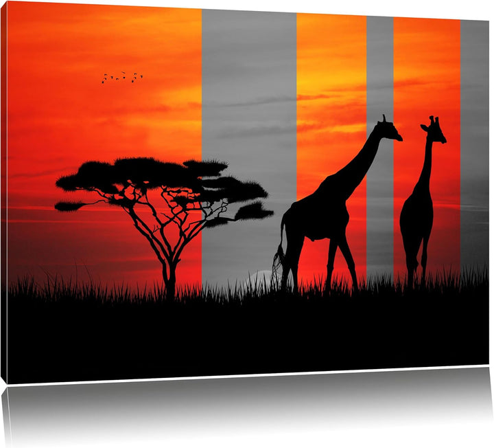 Afrika Giraffen im Sonnenuntergang schwarz/weiss Format: 100x70 auf Leinwand, XXL riesige Bilder fer