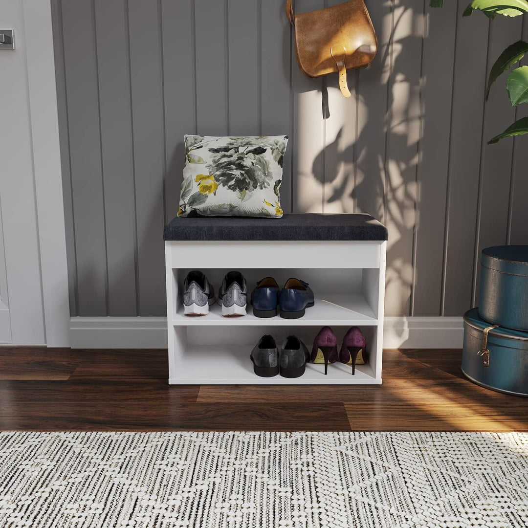 KOMTO Schuhbank mit Sitzfläche - Schuhregal Bank mit Stauraum Weiss 60 x 48 x 32 cm Kleiner Schuhsch