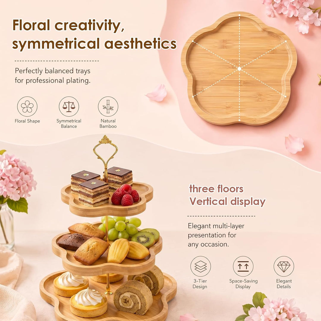 Eleganter Holz-Cupcake-Ständer mit 3 Ebenen und Blumenform-Design, Bambus-Etagere für Cupcakes, Dess