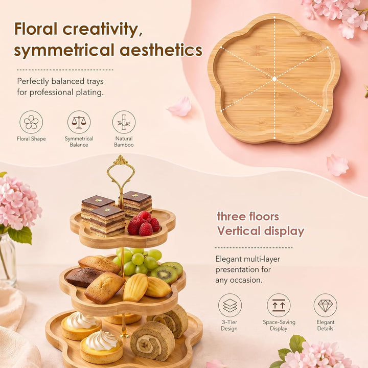 Eleganter Holz-Cupcake-Ständer mit 3 Ebenen und Blumenform-Design, Bambus-Etagere für Cupcakes, Dess