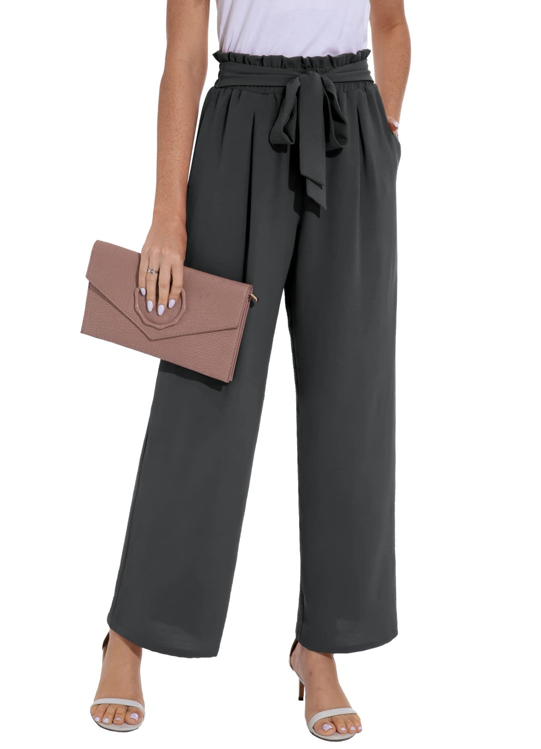 PrinStory Damen Hose Mit Weitem Bein Leichte Elastische Taille Sommer Hose Mit Taschen Kausale Arbei