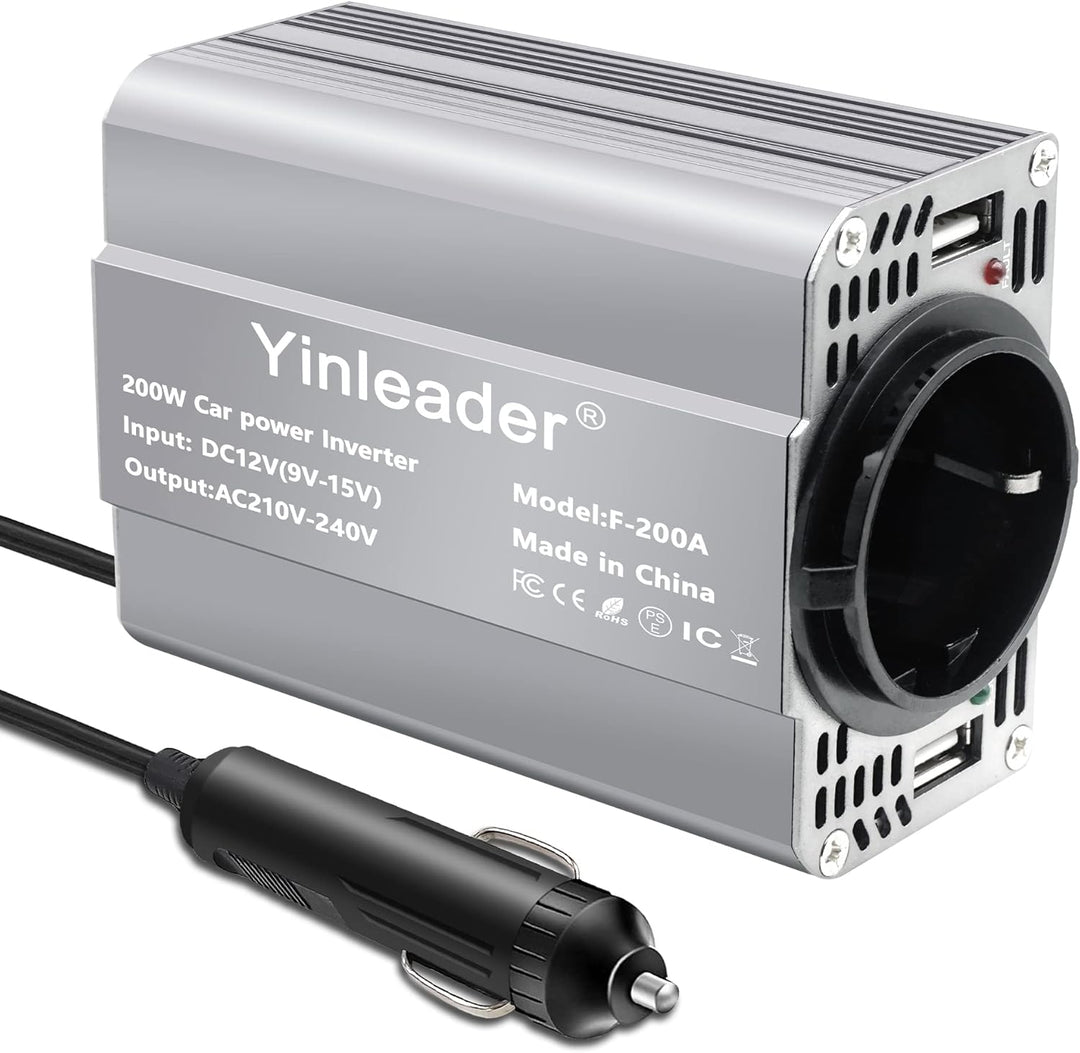 Yinleader Wechselrichter 200W 12V auf 230V Kfz-Spannungswandler 1 Euro-Steckdosen 2 USB, 200W