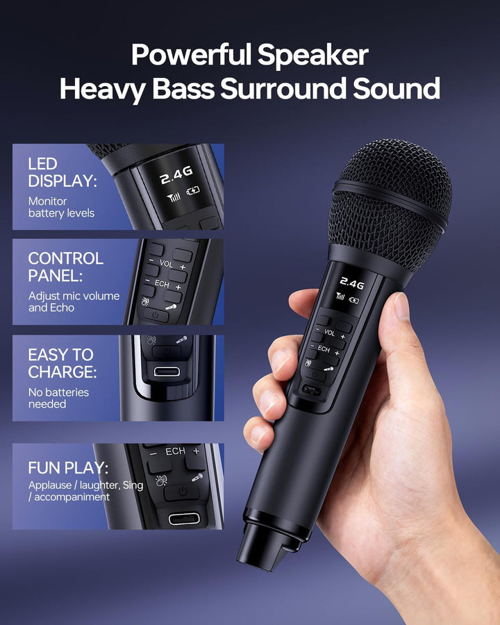 Tragbare Bluetooth-Karaoke-Maschine für Erwachsene und Kinder – 2 Kabellose Mikrofone, Schultergurt,