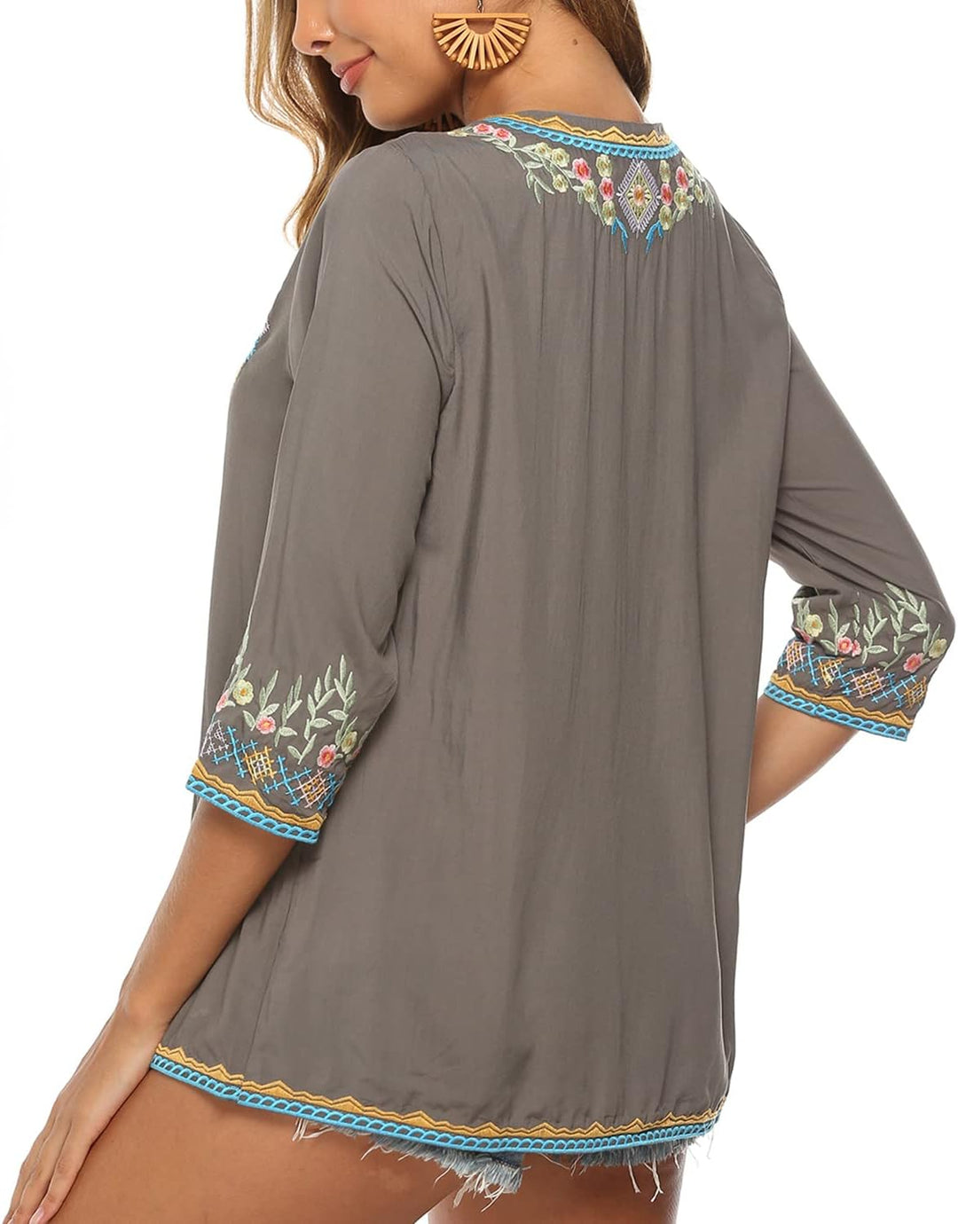 Vakakado Hippie Kleidung Damen Bohemian Folklore Stickerei Bluse 3/4 äRmel V Ausschnitt Tunika Somme