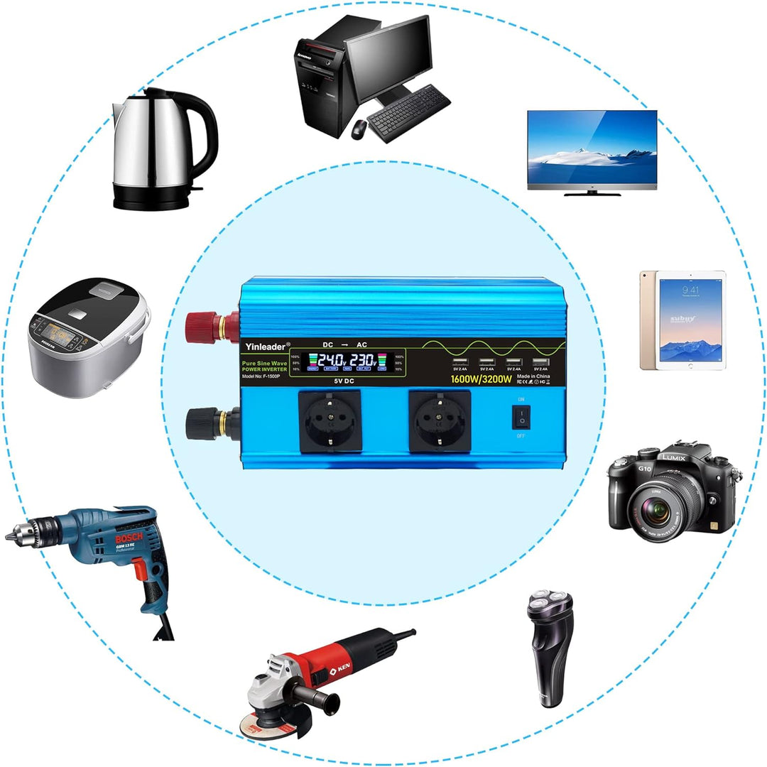 Yinleader Wechselrichter 24V 230V 1600W / 3200W Spannungswandler Reiner Sinus Wechselrichter mit 2 S