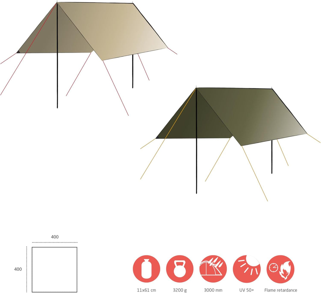 GRAND CANYON Zuni 4, 4 x 4m Multifunktion Tarp / Sonnensegel inkl. Stangen, Zeltplane, Wasserdicht,