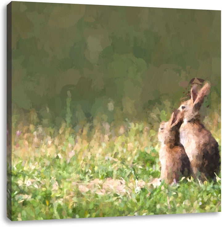 Pixxprint Hasen auf Wiese als Leinwandbild/Grösse: 70x70 cm/Wandbild/Kunstdruck/fertig bespannt, 70x