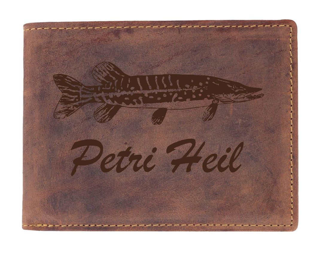 Greenburry Geldbörse mit Petri Heil Motiv I Ledergeldbörse für Angler I Portemonnaie für Angelfreund