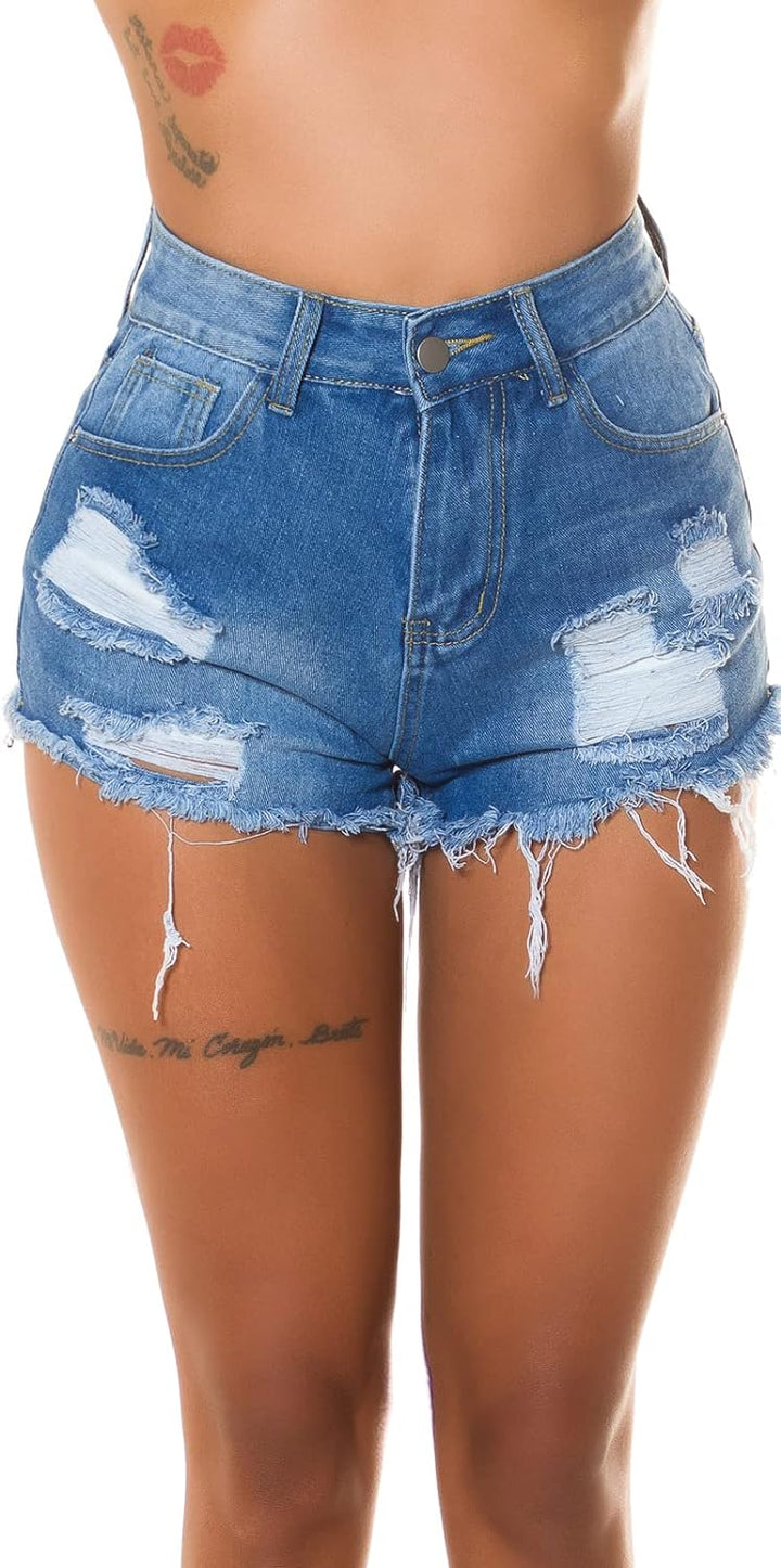 Used Look High Waist Jeans Shorts mit Löcher M M Blau, M Blau