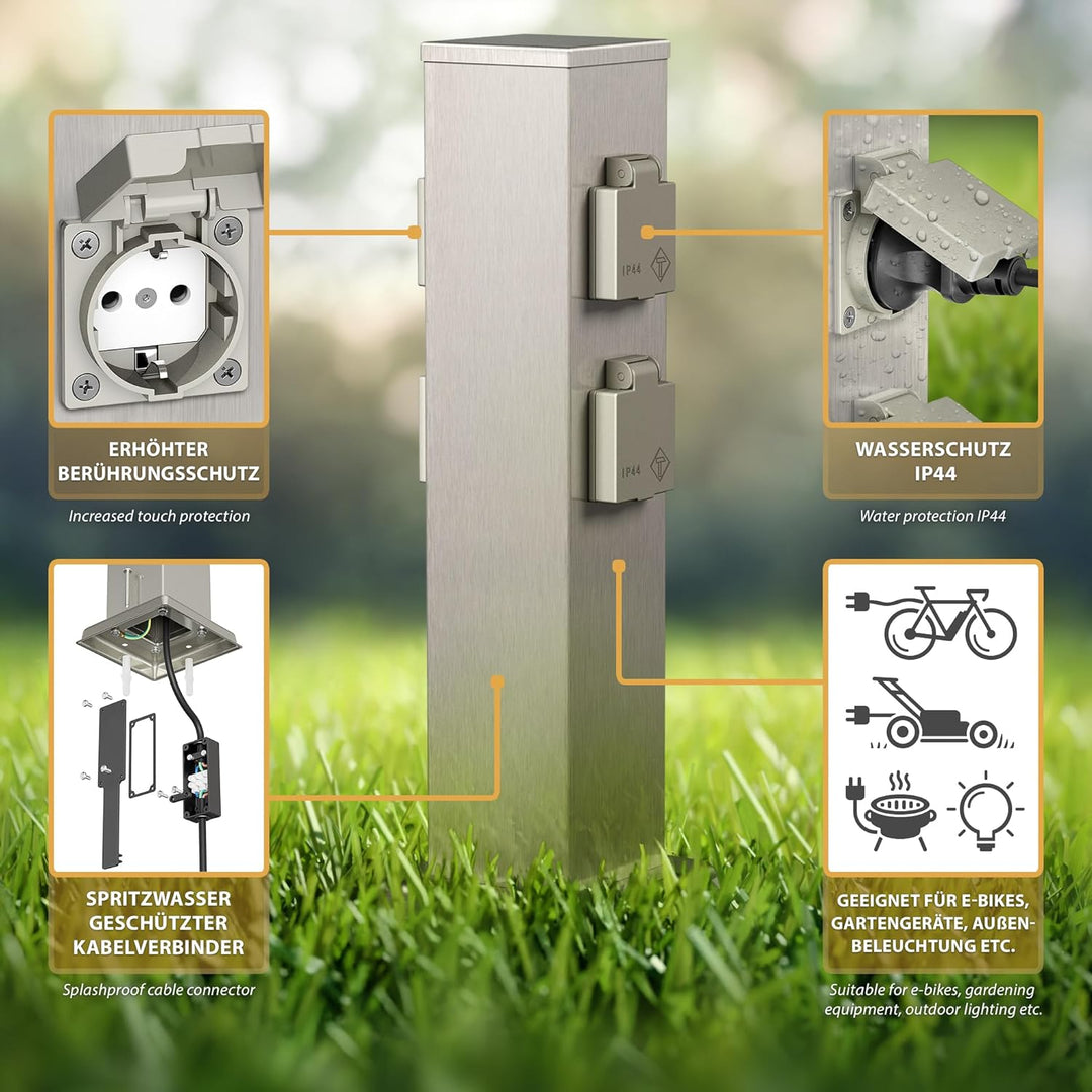 ledscom.de Garten Steckdosensäule Polly, Outdoor, IP44, 4-Fach, Edelstahl, eckig, 38 cm, 2 STK. 2 St