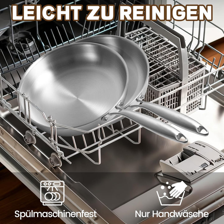 Edelstahl Bratpfanne 24cm mit Deckel, Edelstahl Pfanne unbeschichtet, 3-lagige Edelstahlpfanne induk