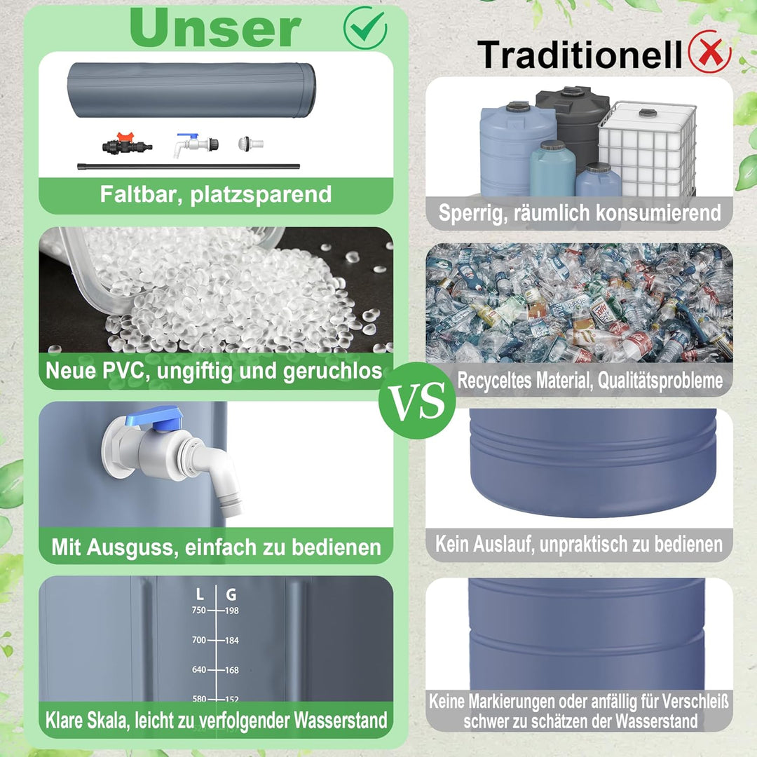 NAIZY Regentonne 380 Liter Regenwassertonne Zusammenklappbar Regenwassertank mit PVC Schutzabdeckung