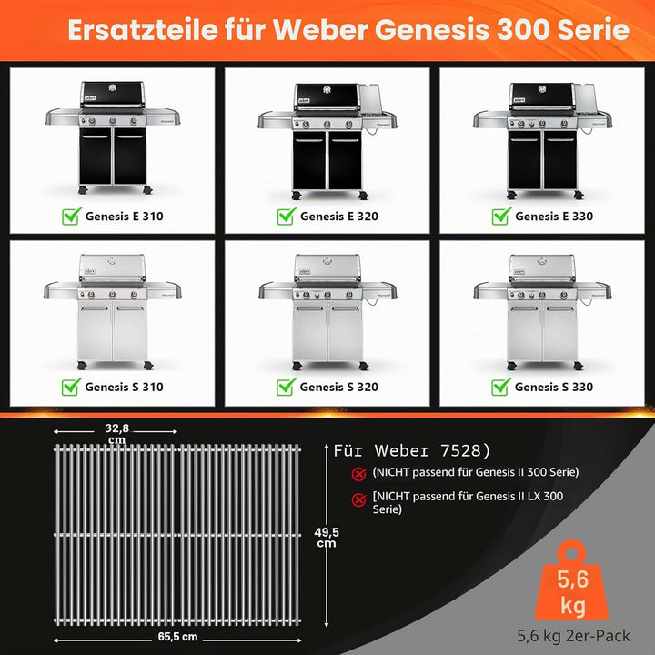 QuliMetal 49,5 x 33cm 7528 Grillrost Edelstahl für Weber Genesis E-310/320/330, S-310/320/330 (2007-