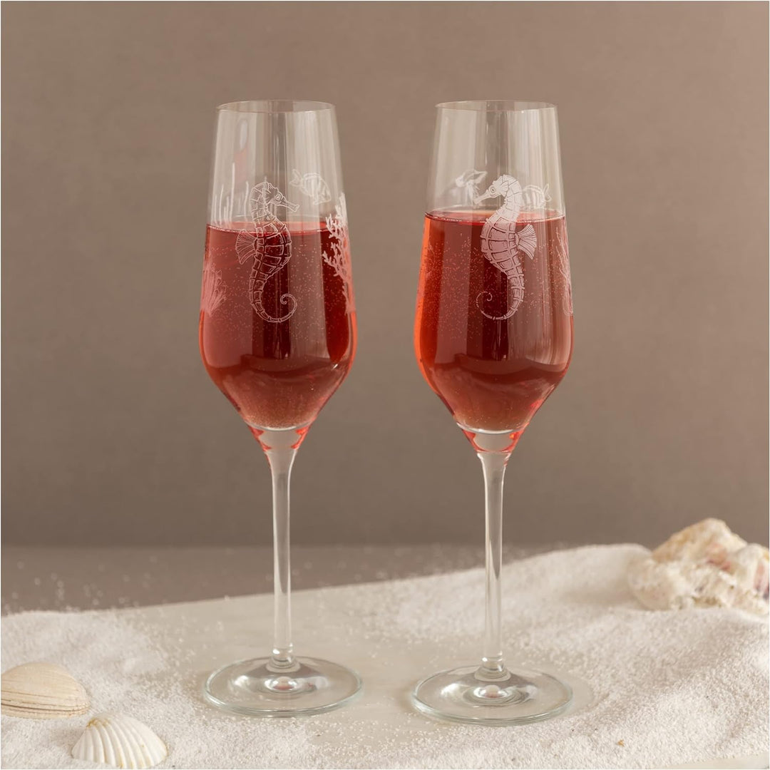 RITZENHOFF 3851001 Champagnerglas 250 ml – 2er Set Serie Oceanside Nr. 1 – 2 Stück, Seepferdchen-Mot
