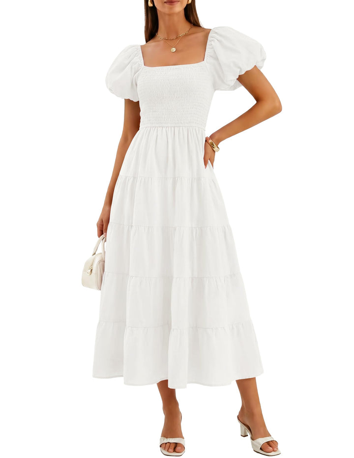 ZESICA Damen-Sommerkleid, eckiger Ausschnitt, Kurze Puffärmel, einfarbig, hohe Taille, lässig, flies
