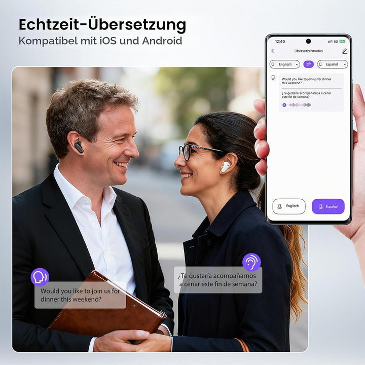 NE20 AI Kopfhörer Übersetzer, 3-in-1 Echtzeit Sprachübersetzer Kopfhörer, 134 Sprachen mit App, 8 Üb