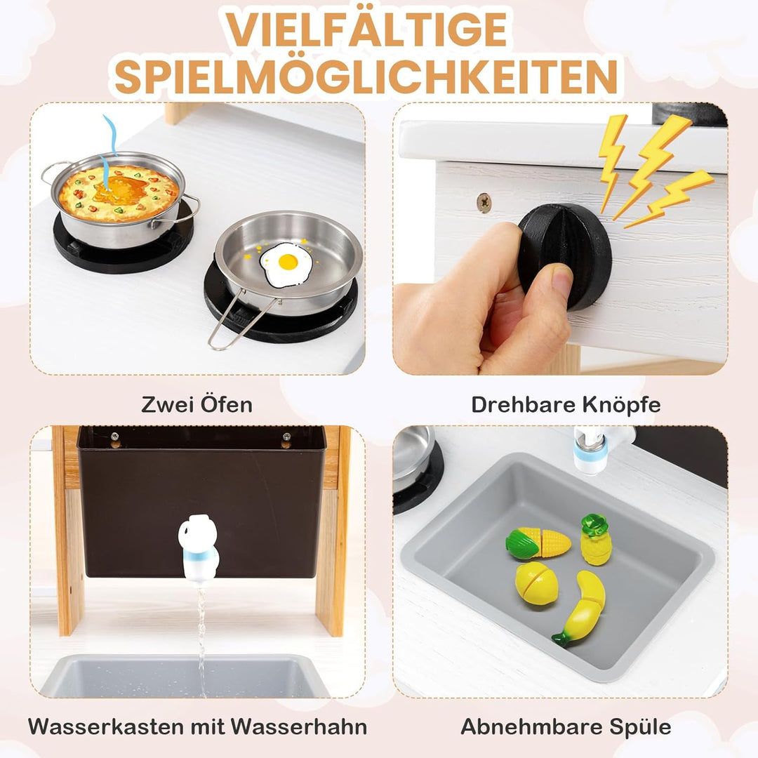 DREAMADE Matschküche Kinder Outdoor, Kinderküche aus Tannenholz mit Dach, Wassertank, Wasserhahn, Sp