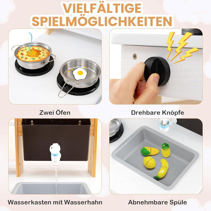 DREAMADE Matschküche Kinder Outdoor, Kinderküche aus Tannenholz mit Dach, Wassertank, Wasserhahn, Sp