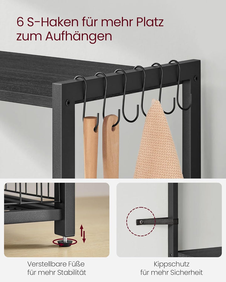 VASAGLE Küchenregal, Standregal mit 2 Metallkörben, Bäckerregal mit Haken und Regalablagen, Mikrowel