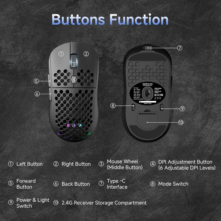 Dierya M1 Kabellose Gaming Maus, 24.000 DPI Optischer Sensor, 90g Leichtgewicht, 6 Programmierbare T