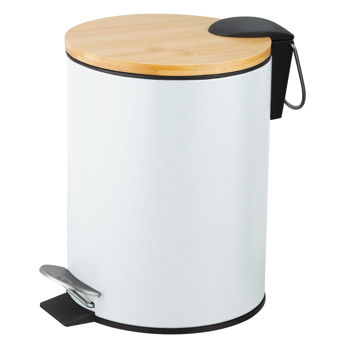 Amig - Kosmetikeimer mit Pedal 5L Naturline - Weiss und Bambus - Hygienische Öffnung - Ø20 x 26 cm -