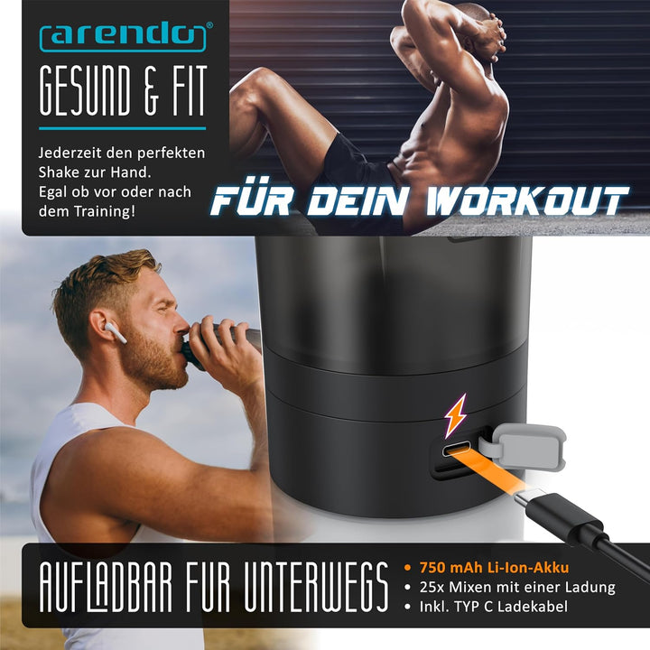 Arendo - Protein Shaker mit Akku - Eiweiss Shaker elektrisch 700ml – BPA frei – Drink Mixer to Go –