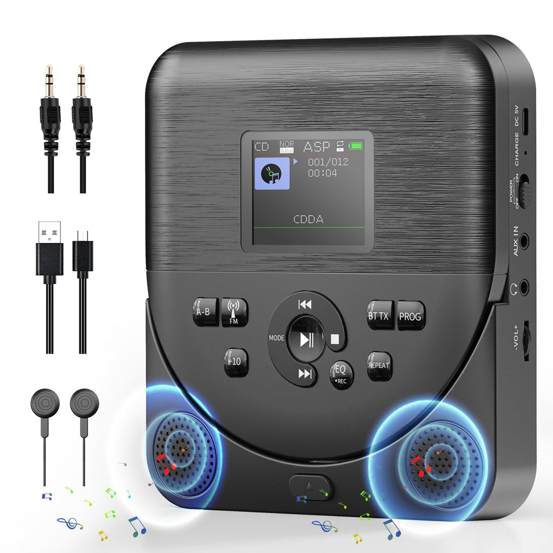 CD Player Tragbar, FELEMAN CD Player Bluetooth mit Lautsprechern/Kopfhörern/Display, wiederaufladbar