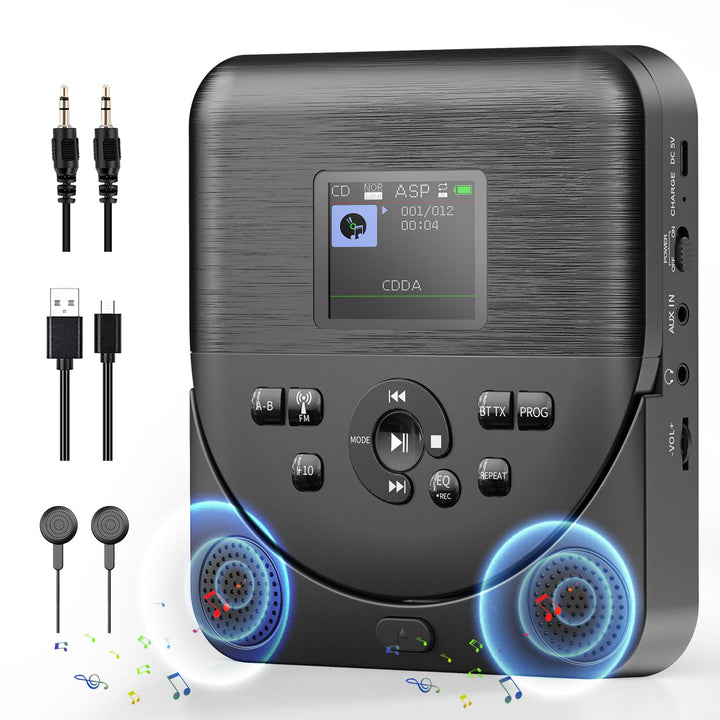 CD Player Tragbar, FELEMAN CD Player Bluetooth mit Lautsprechern/Kopfhörern/Display, wiederaufladbar