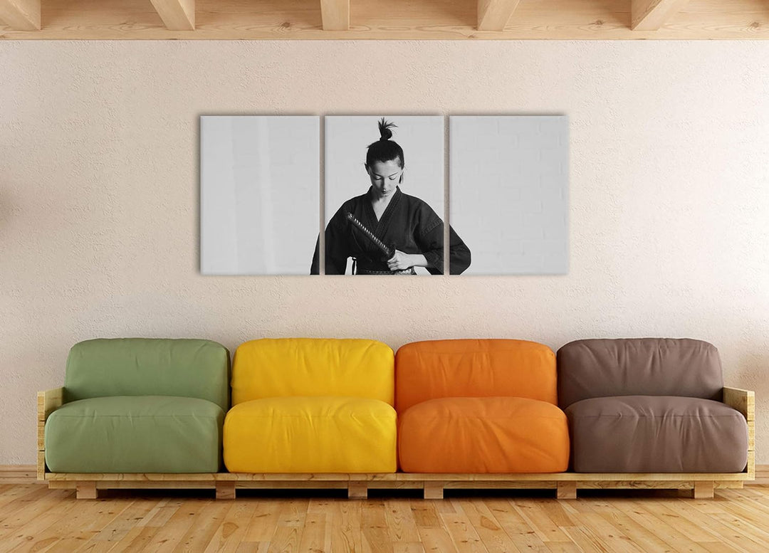 Pixxprint stolze Samurai-Kriegerin als XXL Leinwandbild in Übergrösse 180x80cm Gesamtmass 3 teilig/W