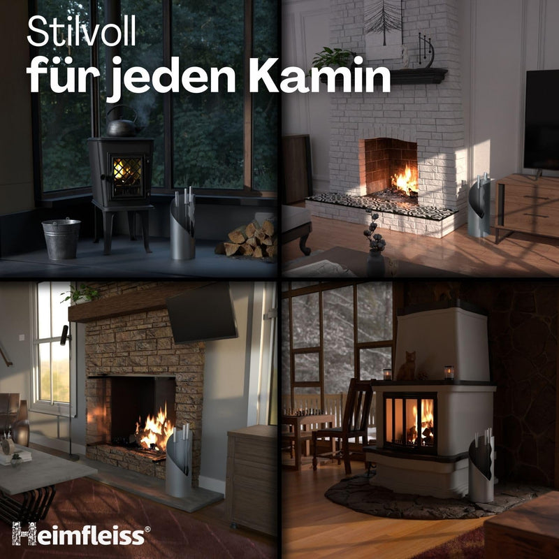 Heimfleiss® Kaminbesteck Grau Modern | Kaminzubehör mit Edelstahl Griffen | Ofenbesteck Kaminbesteck