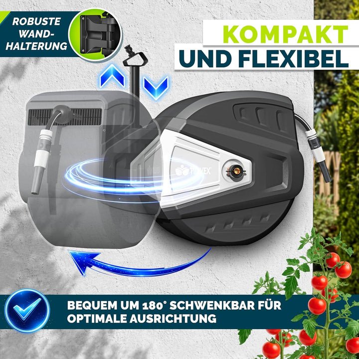 tillvex Schlauchtrommel Wasser mit Wandhalterung + Tragegriff | Schlauchaufroller mit Handbrause und