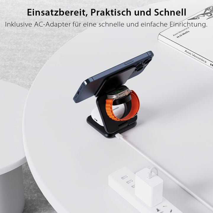 KU XIU X40 Induktive Ladestation 3 in 1 – Magnetisches Kabelloses Ladegerät, Faltbares Reiseladegerä