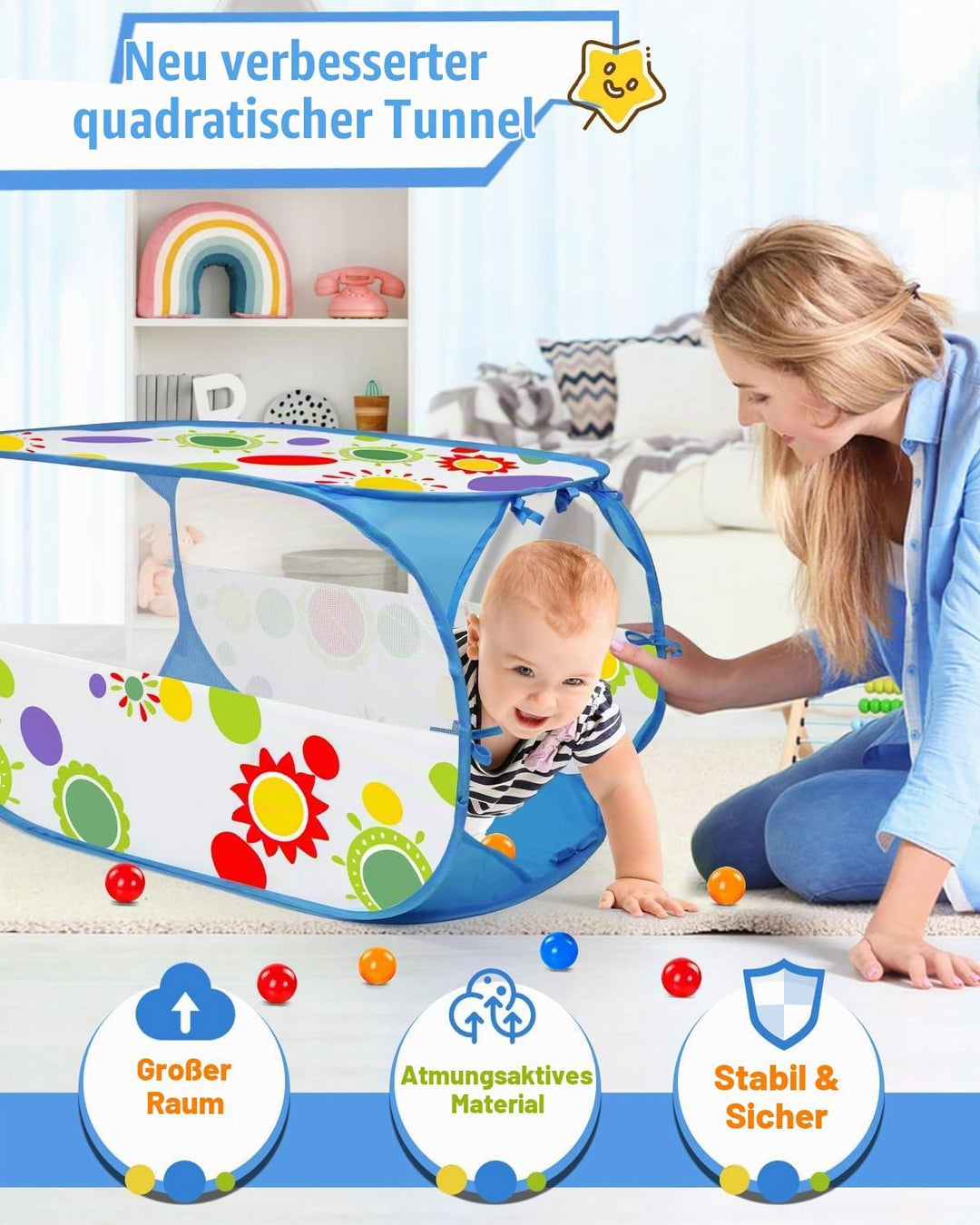 MAIKEHIGH Kinder Spielzelt mit Tunnel, 4 in 1 Pop Up Kinderzelt Bällebad Falten Krabbeltunnel Drinne